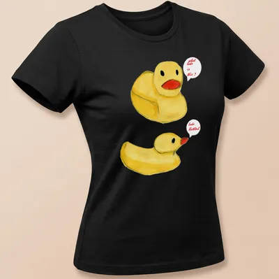 Whimsical watercolor print of rubber ducks with humorous text about Lake Bathtub. — printed on a women's shirt