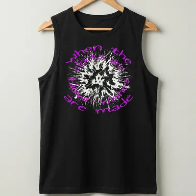 Text art shirt featuring dandelions and the phrase when the clocks are blown wishes made in purple and white — printed on a tank top
