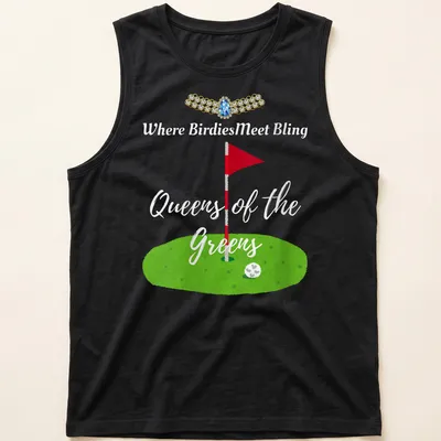 Playful watercolor design of a golf flag and green with text about bling queens — printed on a tank top