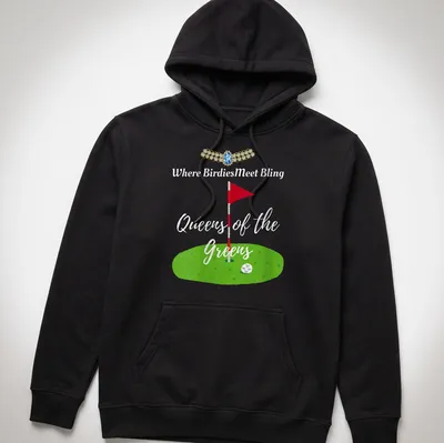 Playful watercolor design of a golf flag and green with text about bling queens — printed on a unisex hoodie