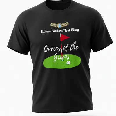 Playful watercolor design of a golf flag and green with text about bling queens — printed on a unisex t-shirt