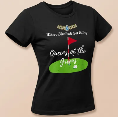 Playful watercolor design of a golf flag and green with text about bling queens — printed on a women's shirt