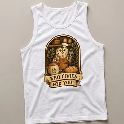 Cute owl chef in a vintage illustration with cooking tools and text — printed on a tank top