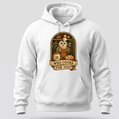 Cute owl chef in a vintage illustration with cooking tools and text — printed on a unisex hoodie