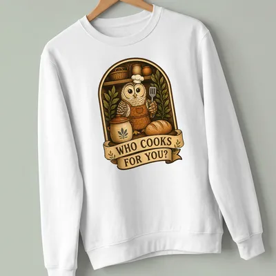 Cute owl chef in a vintage illustration with cooking tools and text — printed on a unisex sweatshirt