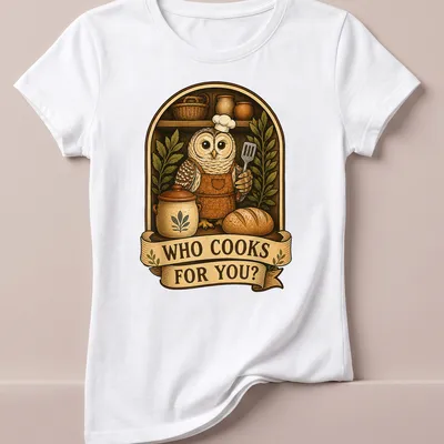 Cute owl chef in a vintage illustration with cooking tools and text — printed on a women's shirt