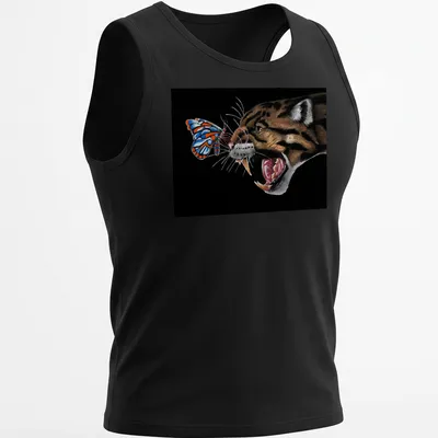 Realistic print of a clouded leopard and butterfly with the text 'Why Can’t We Be Friends' — printed on a tank top