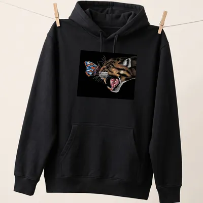 Realistic print of a clouded leopard and butterfly with the text 'Why Can’t We Be Friends' — printed on a unisex hoodie
