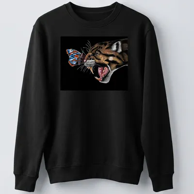 Realistic print of a clouded leopard and butterfly with the text 'Why Can’t We Be Friends' — printed on a unisex sweatshirt