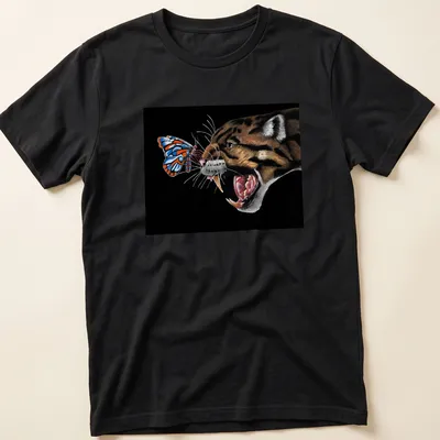 Realistic print of a clouded leopard and butterfly with the text 'Why Canβt We Be Friends'