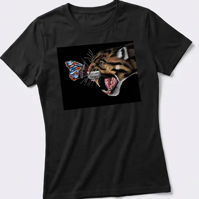 Realistic print of a clouded leopard and butterfly with the text 'Why Can’t We Be Friends' — printed on a women's shirt