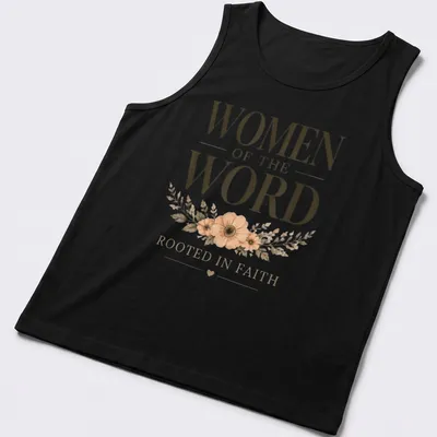Elegant typography with floral accents reading Women Of The Word Rooted In Faith — printed on a tank top