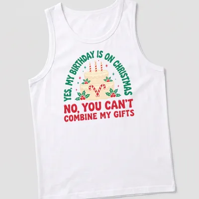 A festive T-shirt featuring a birthday cake with candles and candy canes alongside humorous text. — printed on a tank top