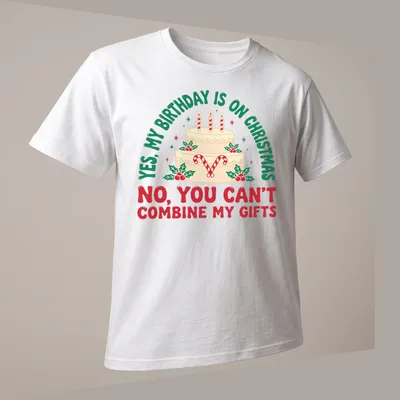 A festive T-shirt featuring a birthday cake with candles and candy canes alongside humorous text. — printed on a unisex t-shirt (angled view)
