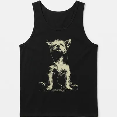 Sketch of a Yorkshire Terrier with earbuds listening to music in light beige and white — printed on a tank top