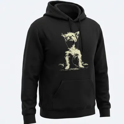 Sketch of a Yorkshire Terrier with earbuds listening to music in light beige and white — printed on a unisex hoodie