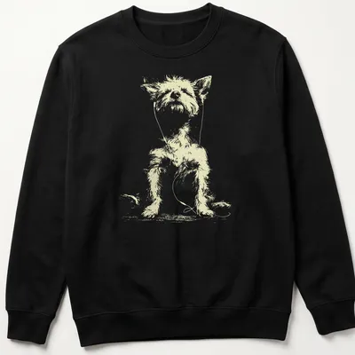Sketch of a Yorkshire Terrier with earbuds listening to music in light beige and white — printed on a unisex sweatshirt