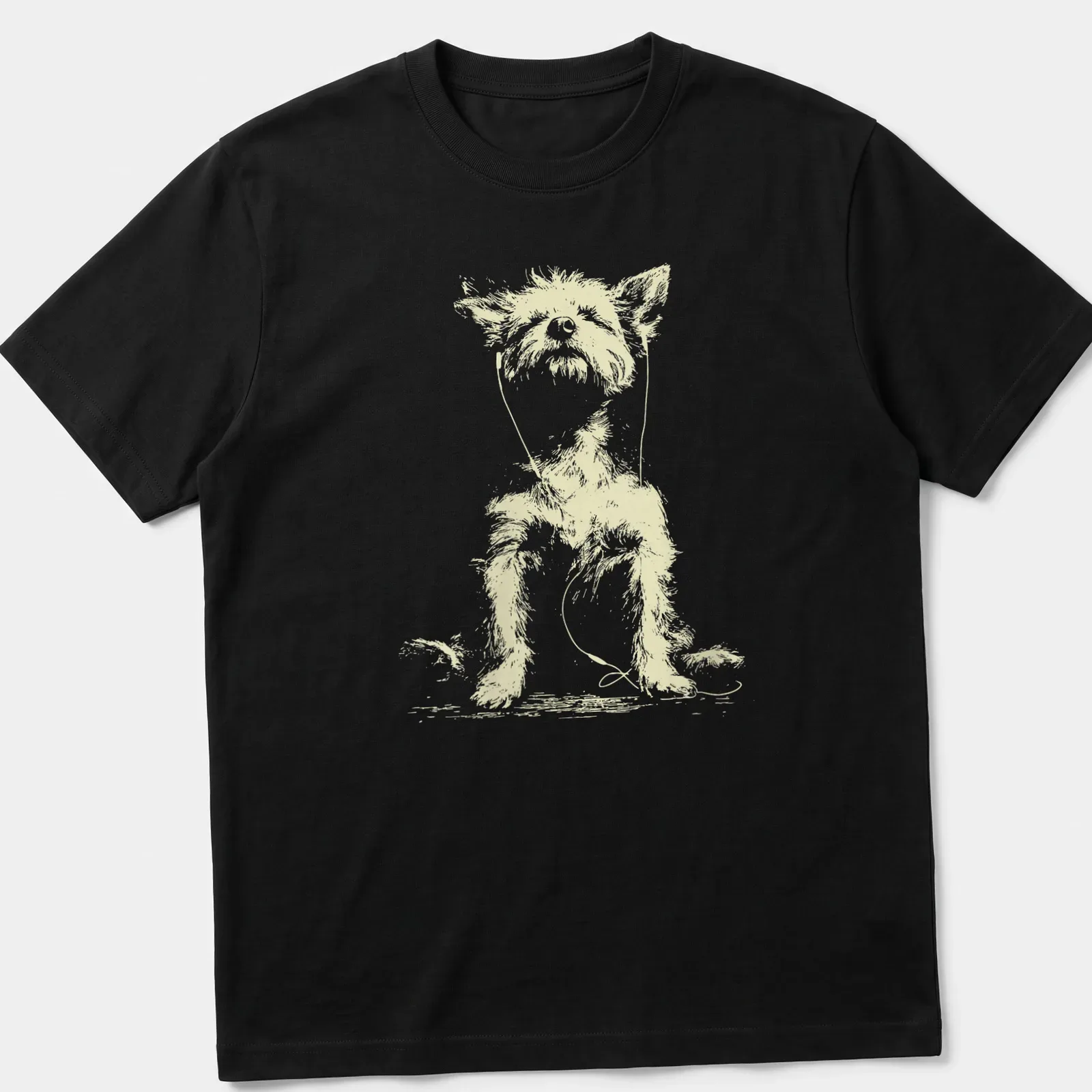 Sketch of a Yorkshire Terrier with earbuds listening to music in light beige and white — printed on a unisex t-shirt