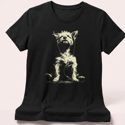 Sketch of a Yorkshire Terrier with earbuds listening to music in light beige and white — printed on a women's shirt