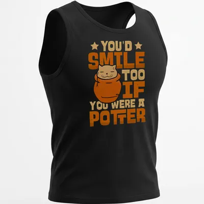 Kawaii style t-shirt featuring a cat in a pot with funny text about pottery — printed on a tank top