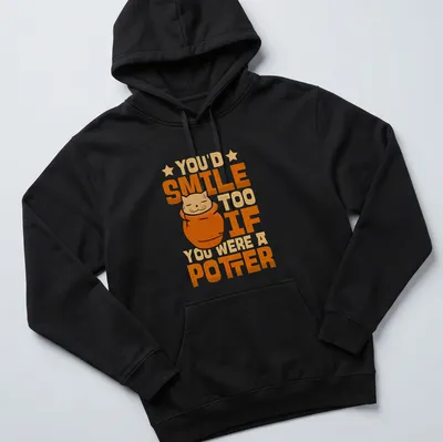 Kawaii style t-shirt featuring a cat in a pot with funny text about pottery — printed on a unisex hoodie