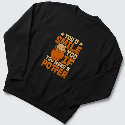 Kawaii style t-shirt featuring a cat in a pot with funny text about pottery — printed on a unisex sweatshirt