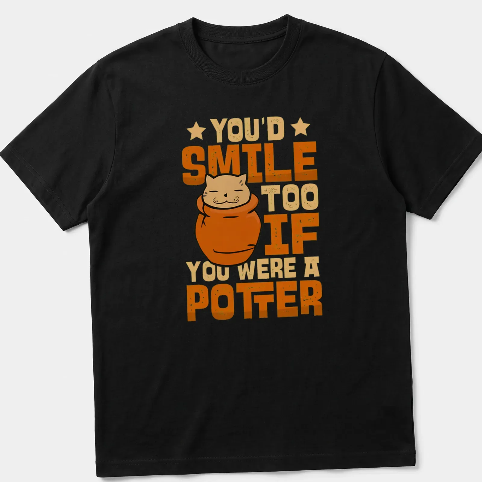 Kawaii style t-shirt featuring a cat in a pot with funny text about pottery — printed on a unisex t-shirt
