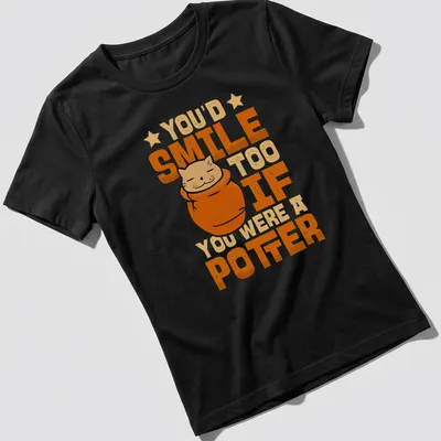 Kawaii style t-shirt featuring a cat in a pot with funny text about pottery — printed on a women's shirt
