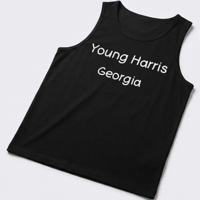 Typography design of Young Harris, Georgia in black and white text — printed on a tank top