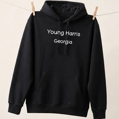 Typography design of Young Harris, Georgia in black and white text — printed on a unisex hoodie