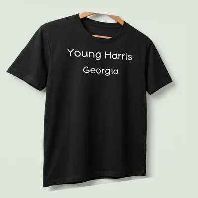 Typography design of Young Harris, Georgia in black and white text — printed on a unisex t-shirt (angled view)