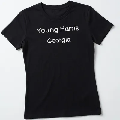 Typography design of Young Harris, Georgia in black and white text — printed on a women's shirt