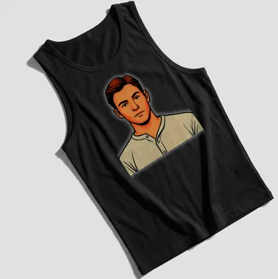 Pop art illustration of a young Sherlock character in orange, beige, and black — printed on a tank top