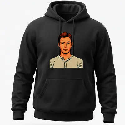 Pop art illustration of a young Sherlock character in orange, beige, and black — printed on a unisex hoodie
