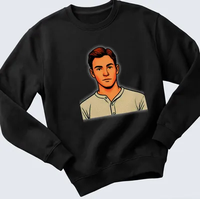 Pop art illustration of a young Sherlock character in orange, beige, and black — printed on a unisex sweatshirt