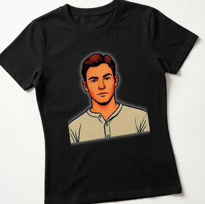 Pop art illustration of a young Sherlock character in orange, beige, and black — printed on a women's shirt