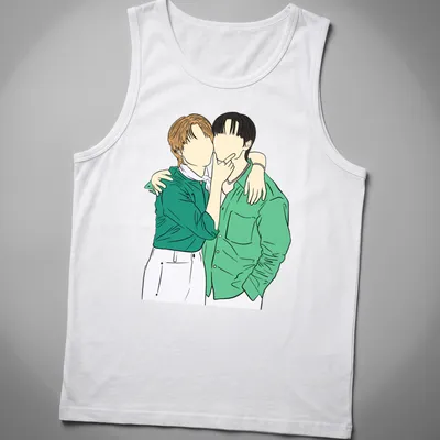 Line-art design of two characters embracing in green, white, black, and brown — printed on a tank top