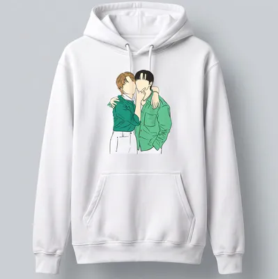 Line-art design of two characters embracing in green, white, black, and brown — printed on a unisex hoodie
