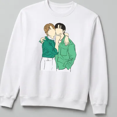 Line-art design of two characters embracing in green, white, black, and brown — printed on a unisex sweatshirt