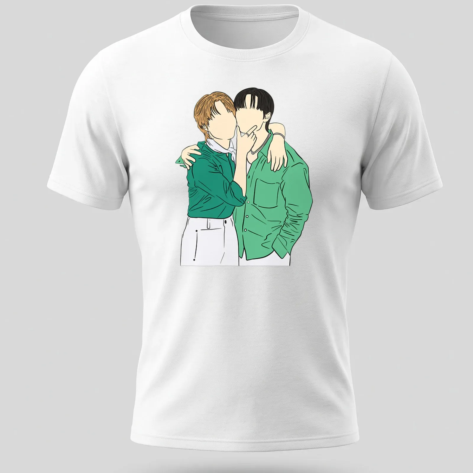 Line-art design of two characters embracing in green, white, black, and brown — printed on a unisex t-shirt
