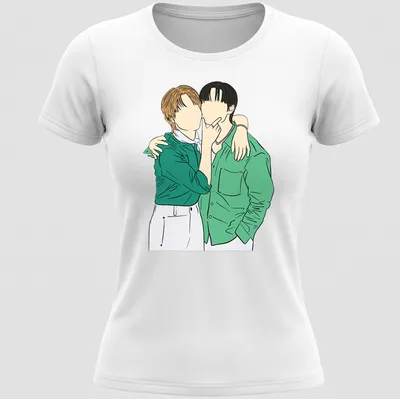 Line-art design of two characters embracing in green, white, black, and brown — printed on a women's shirt