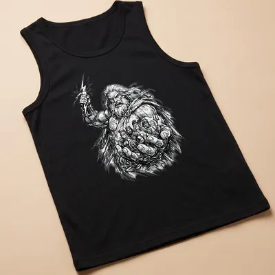 Comic sketch of Zeus holding the fate of gods in black, white, and gray — printed on a tank top