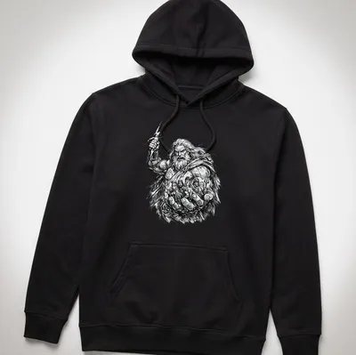 Comic sketch of Zeus holding the fate of gods in black, white, and gray — printed on a unisex hoodie