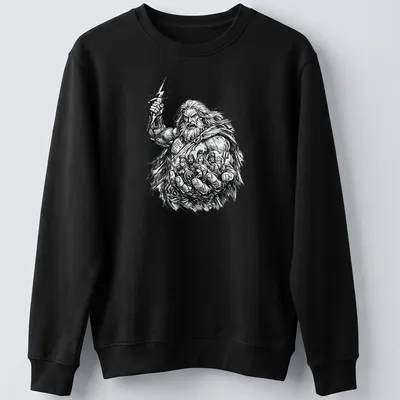 Comic sketch of Zeus holding the fate of gods in black, white, and gray — printed on a unisex sweatshirt