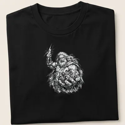 Comic sketch of Zeus holding the fate of gods in black, white, and gray — printed on a unisex t-shirt