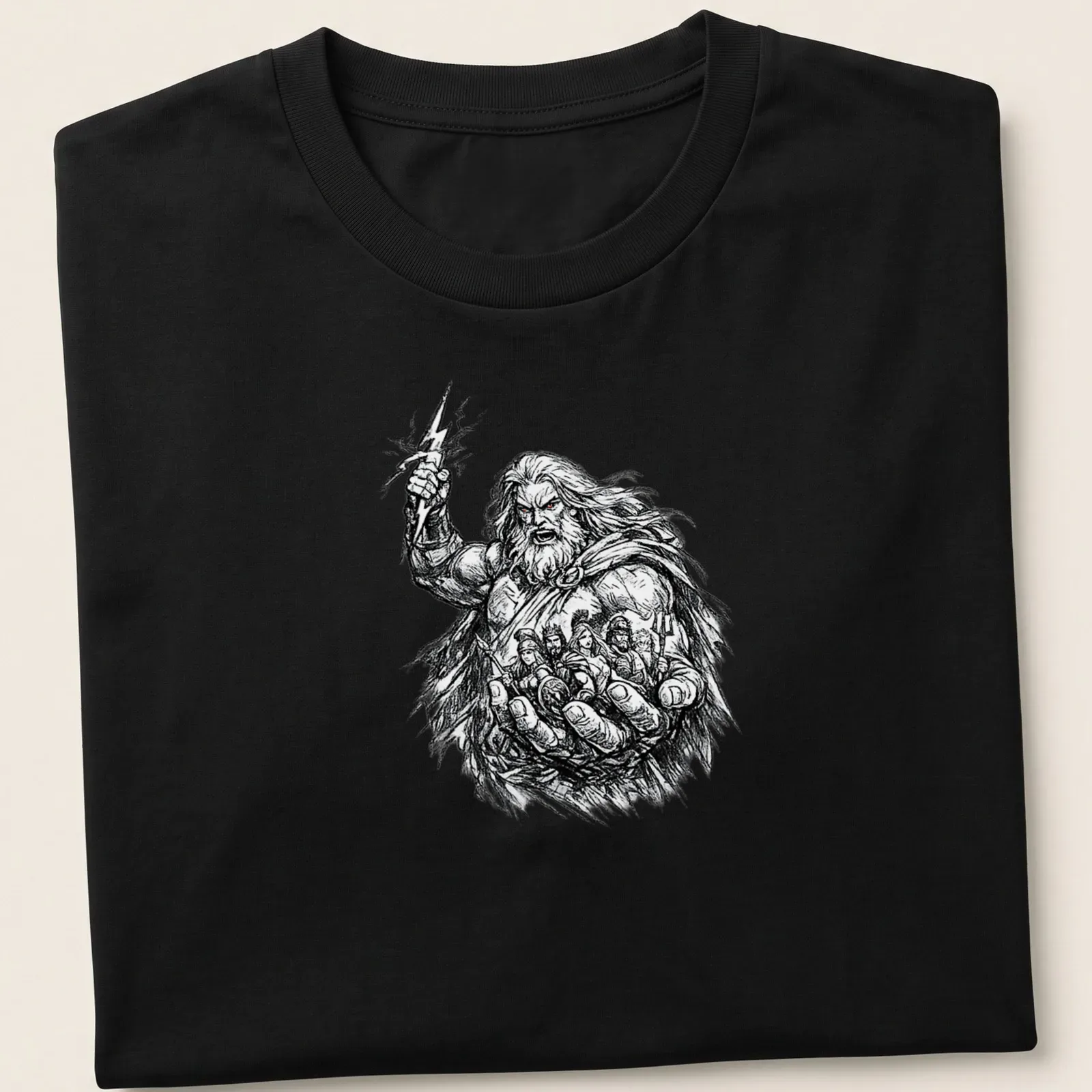 Comic sketch of Zeus holding the fate of gods in black, white, and gray — printed on a unisex t-shirt