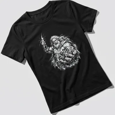 Comic sketch of Zeus holding the fate of gods in black, white, and gray — printed on a women's shirt